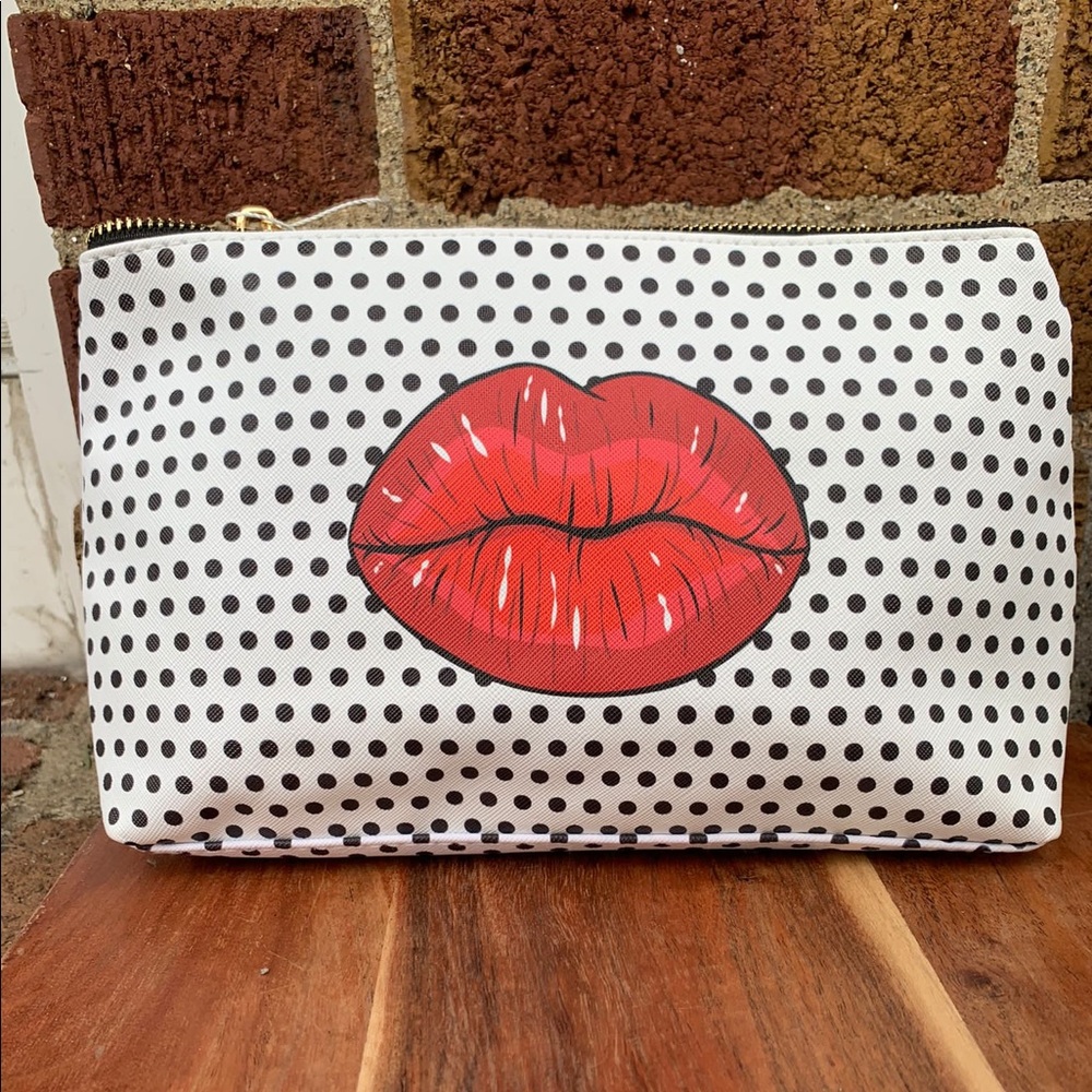 BLUSH ❤️ CRUSH BLACK POLKA DOT RED LIPS COSMETIC BAG